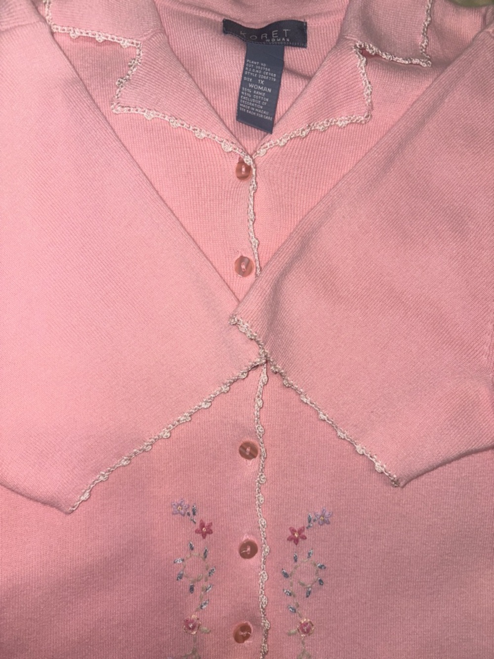 Vintage Koret Pink Short Sleeve Embroidered Cardigan with delicate crochet